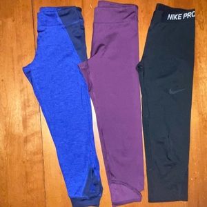 Girls athletic legging (3 pair) Blue,Purple-Old Navy Black-Nike Pro - Size 10-12